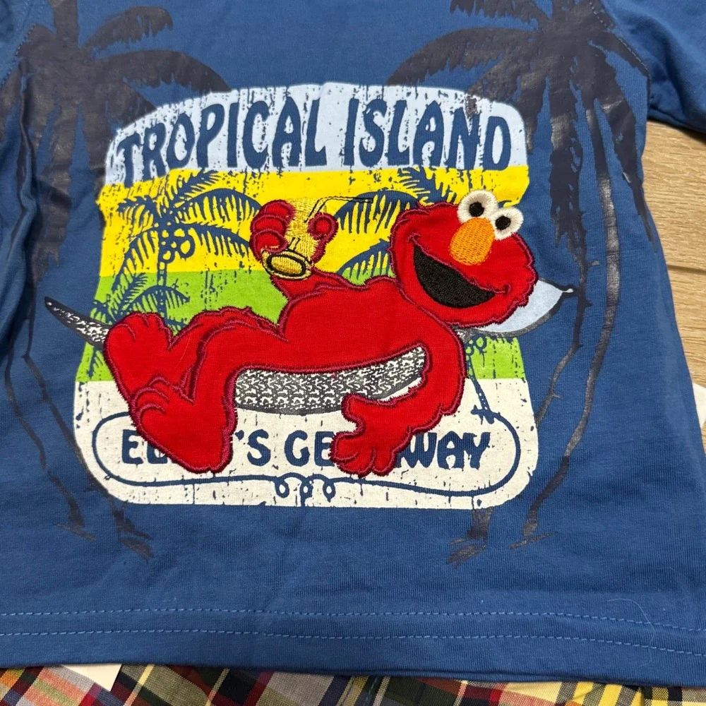 Nannette Sesame Street Elmo Tropical‎ Island T-Shirt Plaid Shorts Set 18M Blue